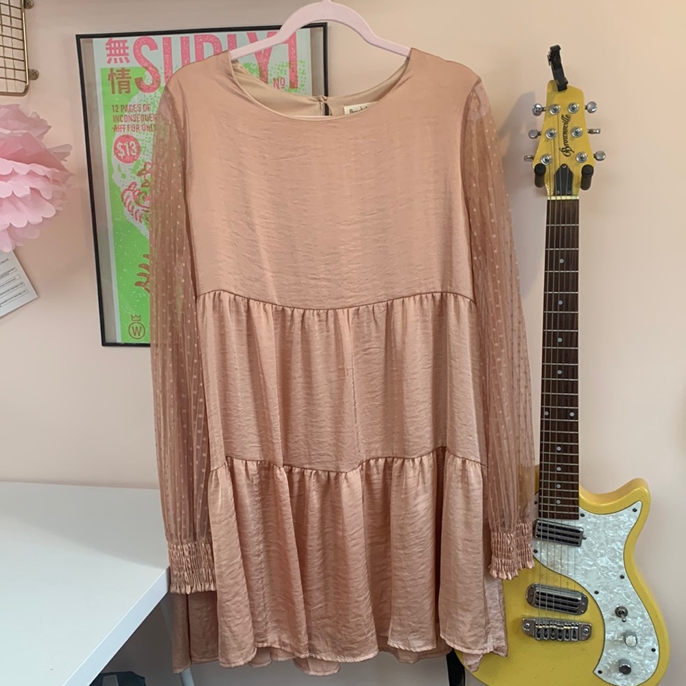 Peach satin tiered babydoll dress